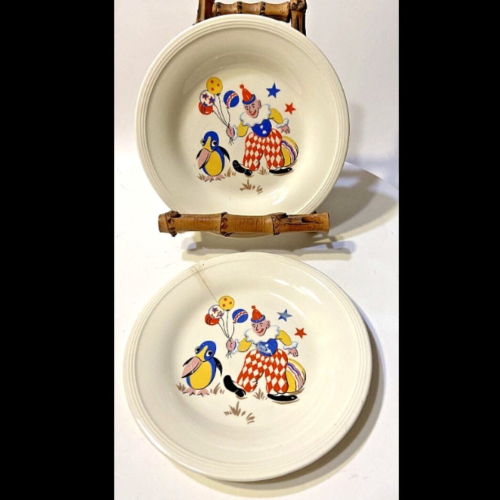 Edwin M Knowles Vintage China Child's Play (2) Plate Set Clown Balloons Magpie
